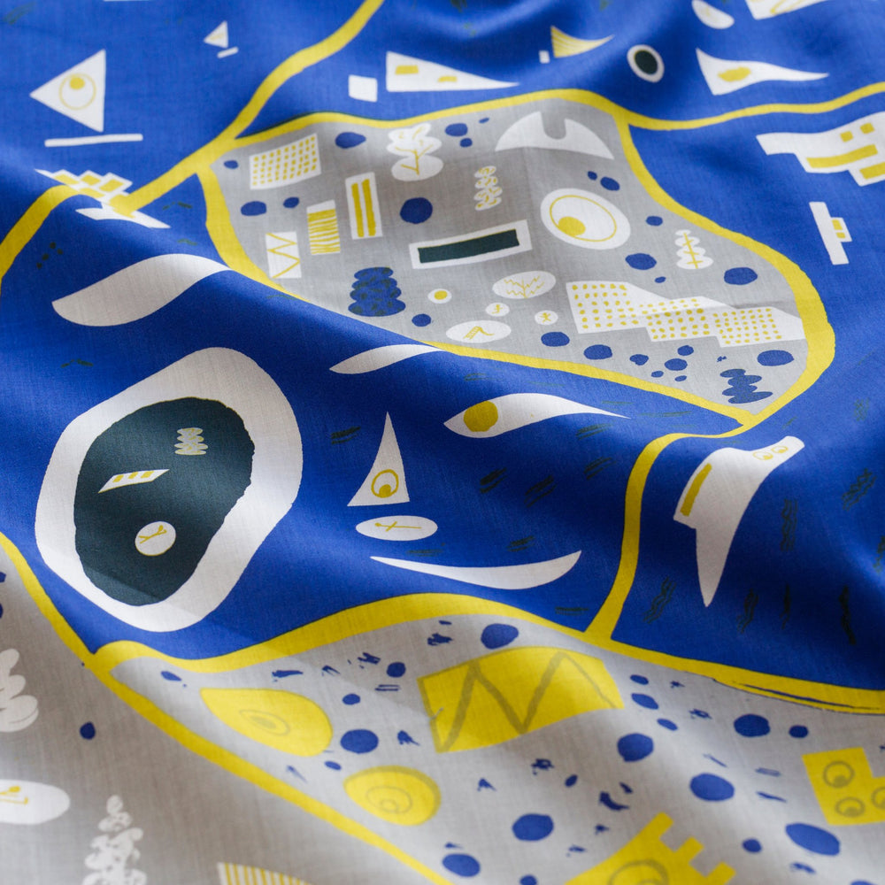 “Stockholm” furoshiki textile in blue, gray, yellow and white