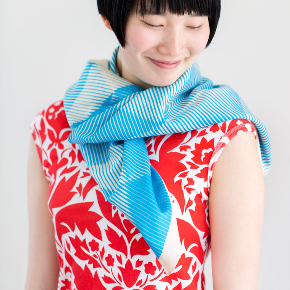 “Folded Paper” furoshiki textile in blue and cream