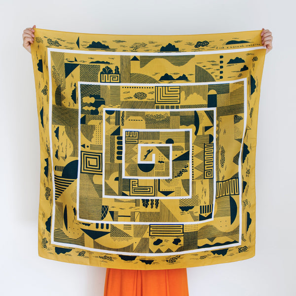 “Maze” furoshiki textile in mustard, navy and white
