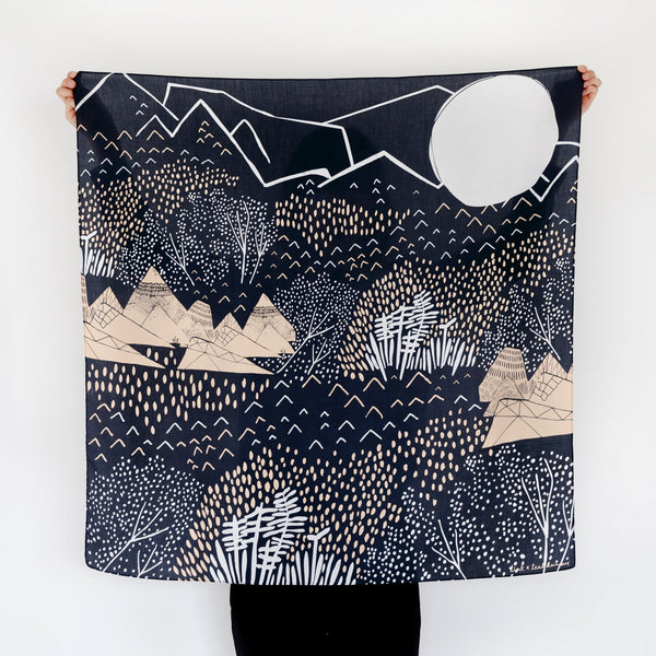 “Mountain Blossom” furoshiki textile in midnight blue, pink and cream